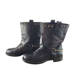Boemos Maremma Studded Mid Calf Boots Womens 37 US 6.5 Brown Leather Biker Italy